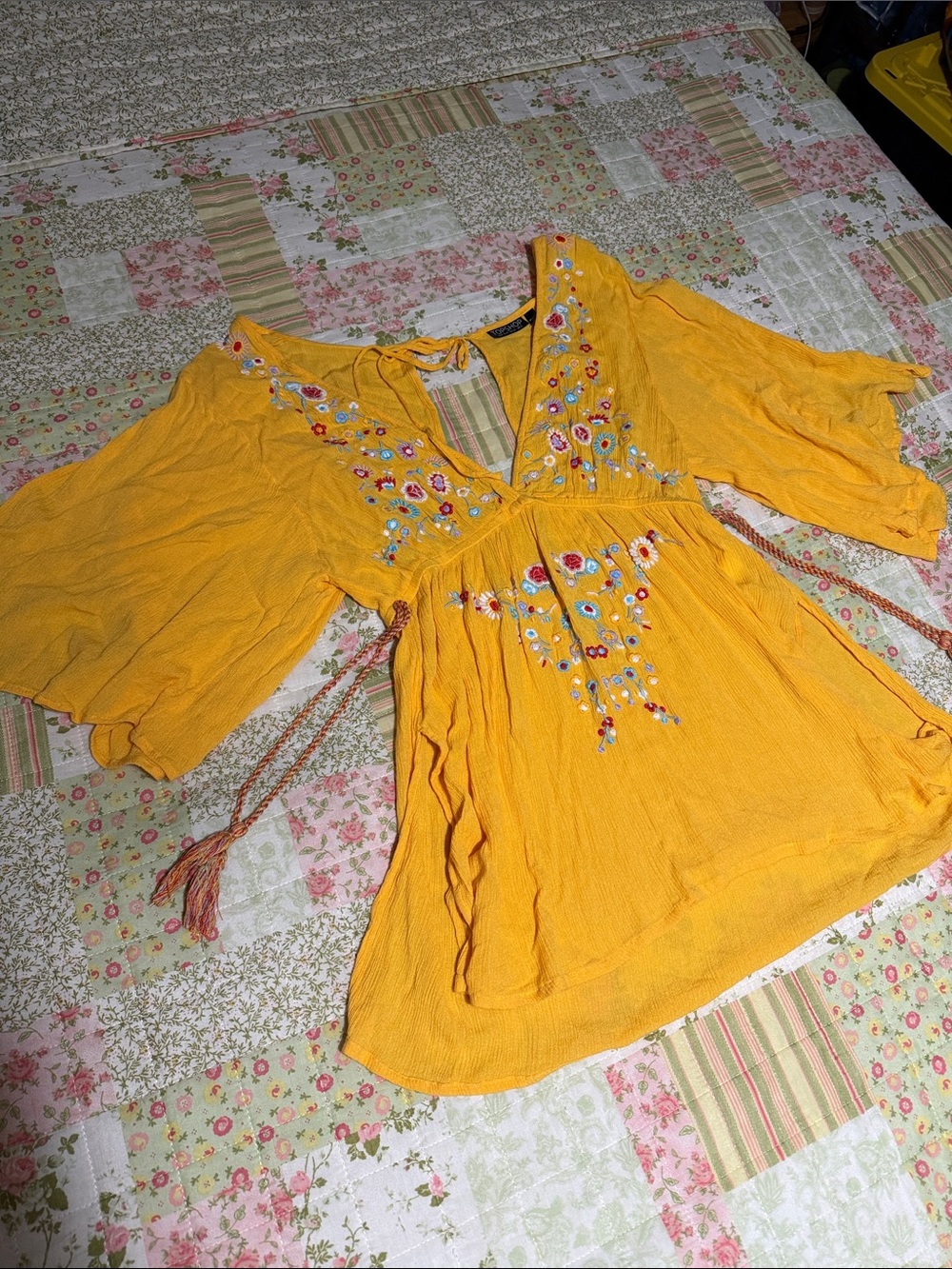 Topshop Yellow Embroidered V-Neck Tunic Top